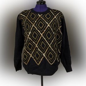 Vintage ALFRED DUNNER Womens Sweater Pullover Knit Black with gold Sequins